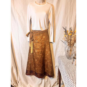 VTG Jedzebel Silk Sari Magic Wrap Skirt -‎ Reversible Two-Layer Boho Dress - OS